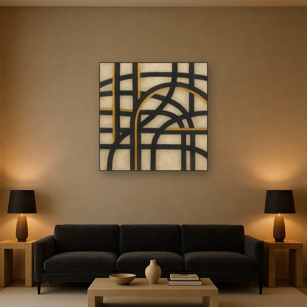 Abstract Woven Line Matrix in Charcoal & Gold No. 14 Fine Art Oil Painting - View 2