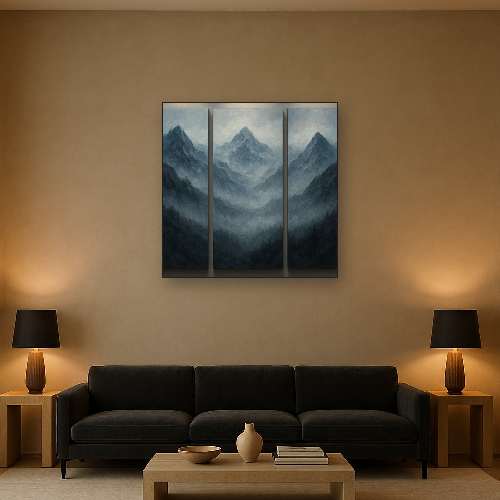 Alpine Mist Triptych Masterpiece No. 3 Oil Painting - Styled in Modern Living Room