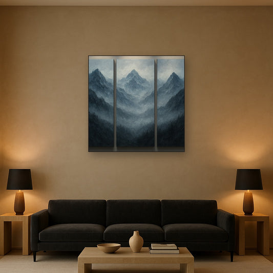 Alpine Mist Triptych Masterpiece No. 3 Oil Painting - Styled in Modern Living Room