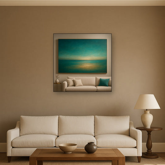 Peacock Teal & Champagne Gold Horizon No. 17 Oil Painting Staged Above Sectional Sofa in Living Room, Hand Painted Canvas Wall Art for Home Decor