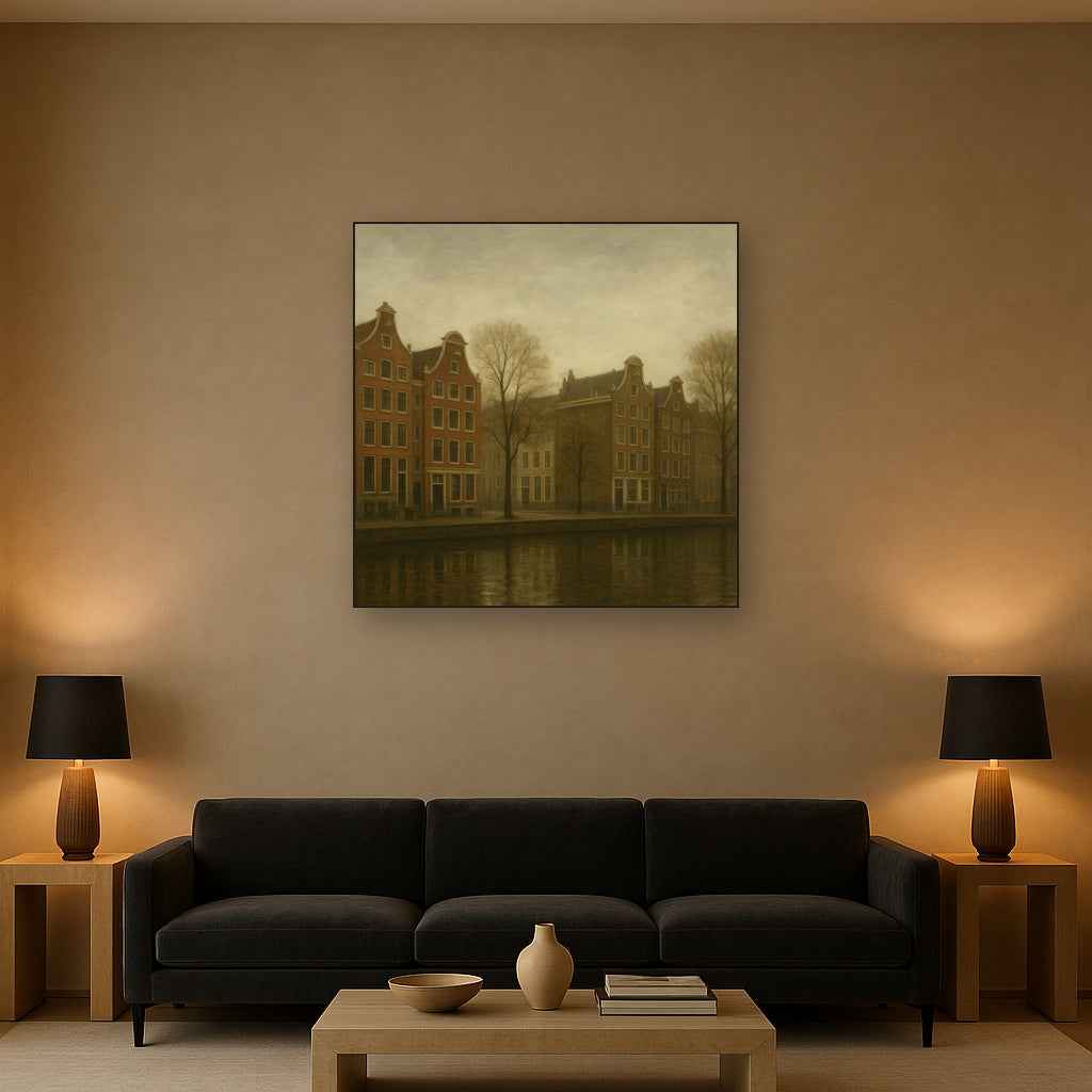 Amsterdam Canal Houses Under Overcast Sky No. 16 Oil Painting - View 2