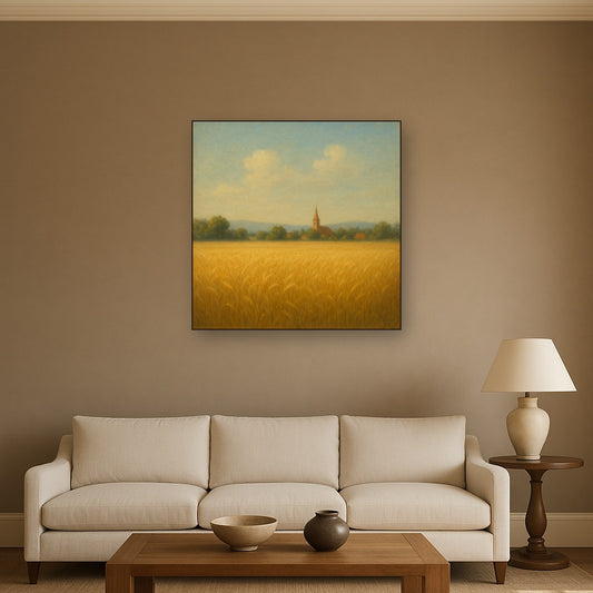 Sun-Drenched Wheatfield & Distant Village No. 3 Oil Painting Staged Above Sectional Sofa in Living Room, Hand Painted Canvas Wall Art for Home Decor