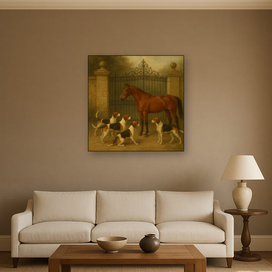 Hunting Hounds & Thoroughbred by Estate Gate No. 19 Oil Painting Staged Above Sectional Sofa in Living Room, Hand Painted Canvas Wall Art for Home Decor