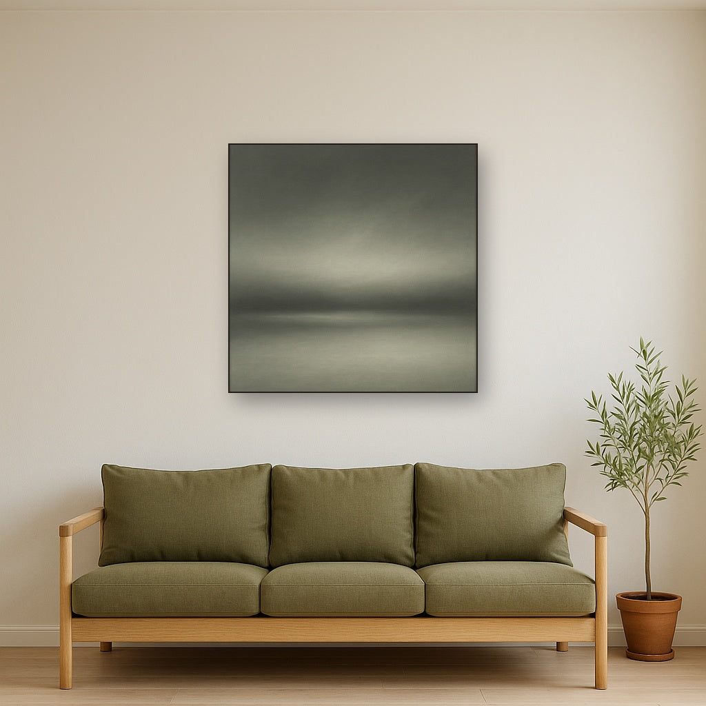 Monochrome Charcoal Drift & Soft Sfumato Horizon No. 22 Oil Painting Staged Above Sectional Sofa in Living Room, Hand Painted Canvas Wall Art for Home Decor