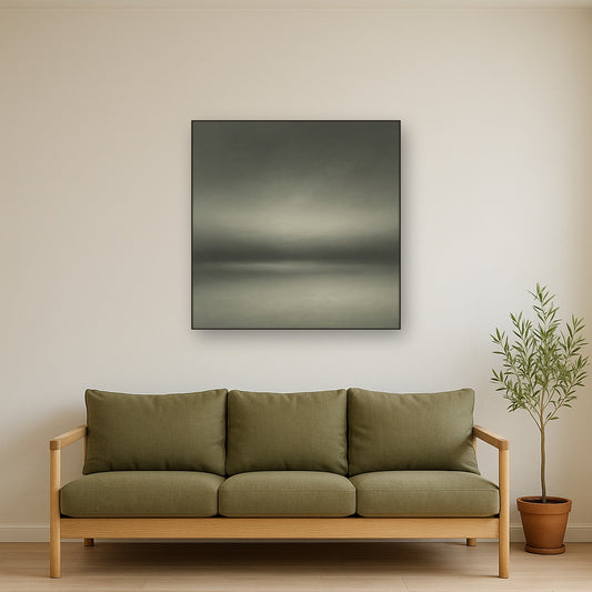 Monochrome Charcoal Drift & Soft Sfumato Horizon No. 22 Oil Painting Staged Above Sectional Sofa in Living Room, Hand Painted Canvas Wall Art for Home Decor