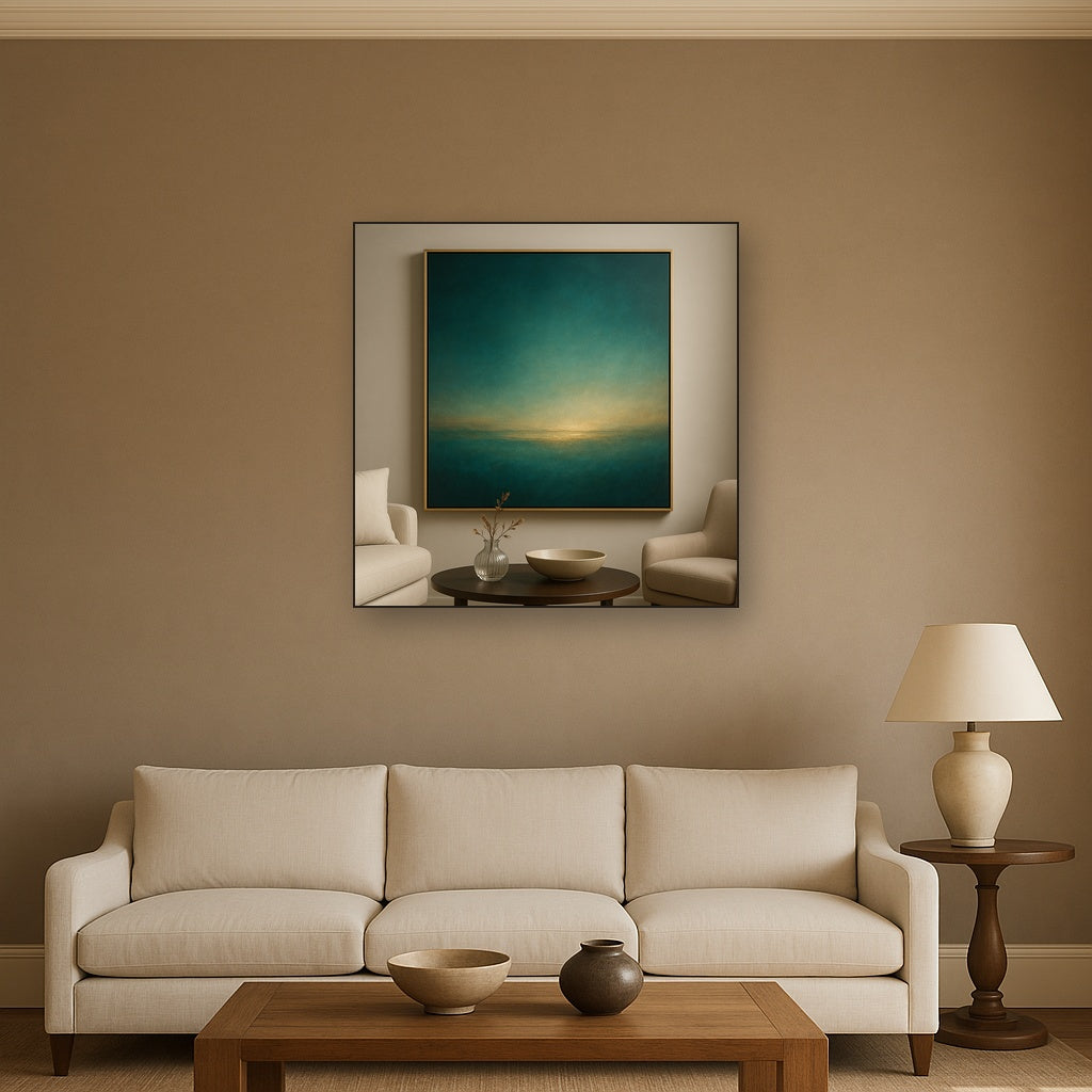 Peacock Teal & Champagne Gold Horizon No. 15 Oil Painting - View 2