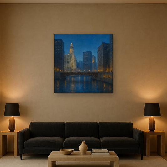 Chicago Riverfront Architecture at Blue Hour No. 29 Oil Painting - View 2