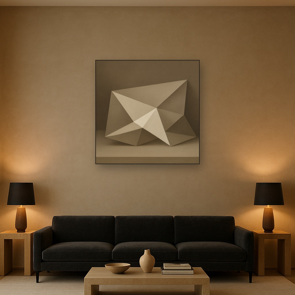 Folded Paper Geometry in Neutral Gradient Shadows No. 24 Oil Painting Staged Above Sectional Sofa in Living Room, Hand Painted Canvas Wall Art for Home Decor