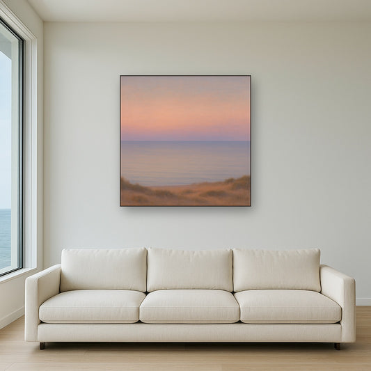 Pastel Dusk Horizon over Calm Atlantic Waters No. 16 Oil Painting Staged Above Sectional Sofa in Living Room, Hand Painted Canvas Wall Art for Home Decor