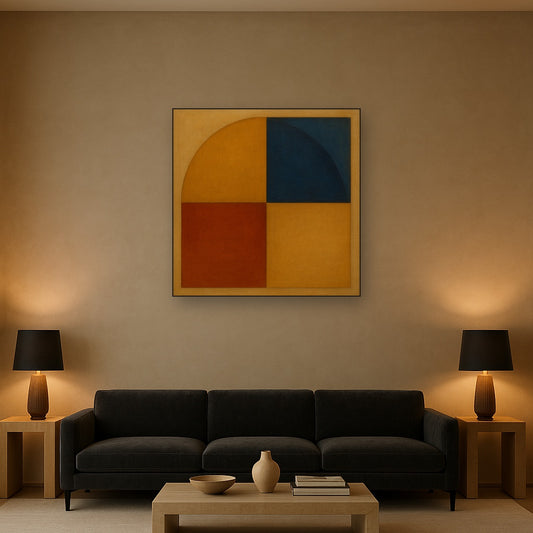 Bauhaus Quadrant Harmony in Primary Earth Tones No. 16 Oil Painting Staged Above Sectional Sofa in Living Room, Hand Painted Canvas Wall Art for Home Decor