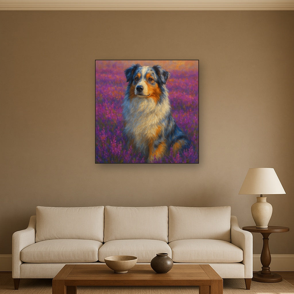 Australian Shepherd in Blooming Heather Field No. 12 Fine Art Oil Painting - View 2