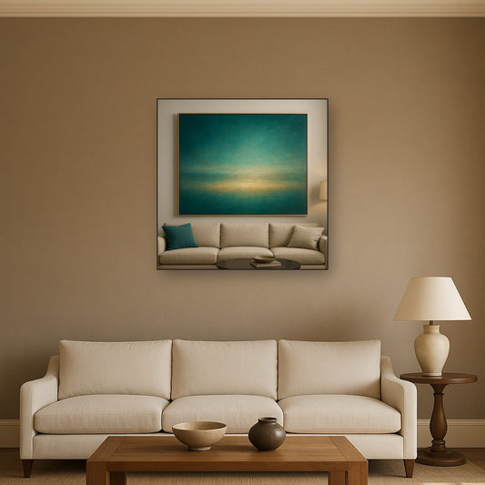 Peacock Teal & Champagne Gold Horizon No. 20 Oil Painting Staged Above Sectional Sofa in Living Room, Hand Painted Canvas Wall Art for Home Decor