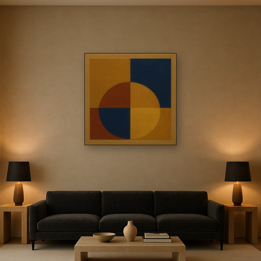Bauhaus Quadrant Harmony in Primary Earth Tones No. 2 Oil Painting Staged Above Sectional Sofa in Living Room, Hand Painted Canvas Wall Art for Home Decor