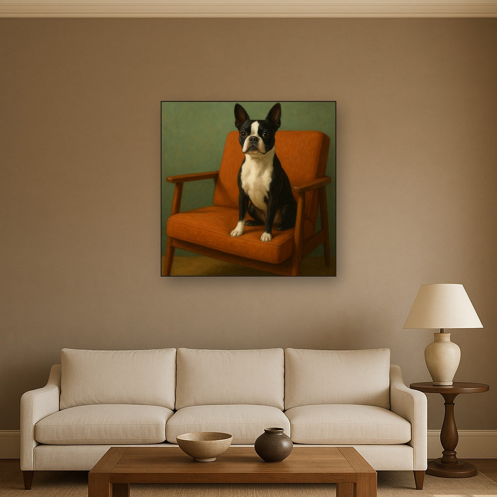 Boston Terrier in Warm Mid-Century Armchair No. 12 Fine Art Oil Painting - View 2