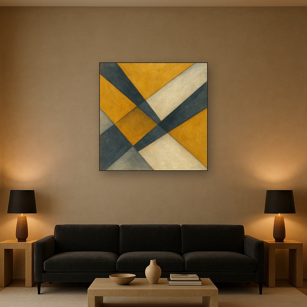 Geometric Intersection Modern Abstract Oil Painting - Styled in Modern Living Room