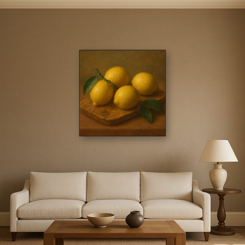 Meyer Lemons on Olive Wood Board No. 3 Oil Painting Staged Above Sectional Sofa in Living Room, Hand Painted Canvas Wall Art for Home Decor