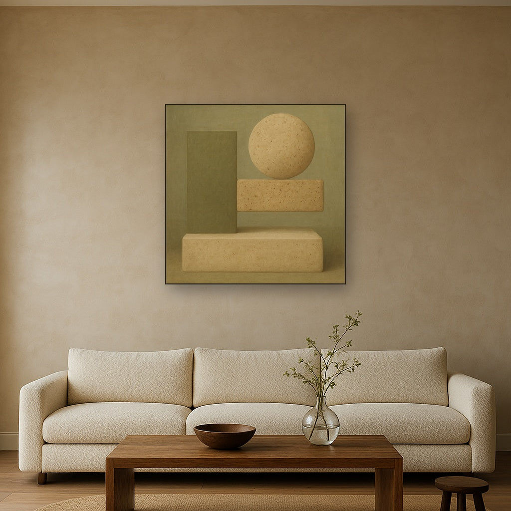 Muted Olive & Sandstone Geometric Balance No. 28 Oil Painting - View 2