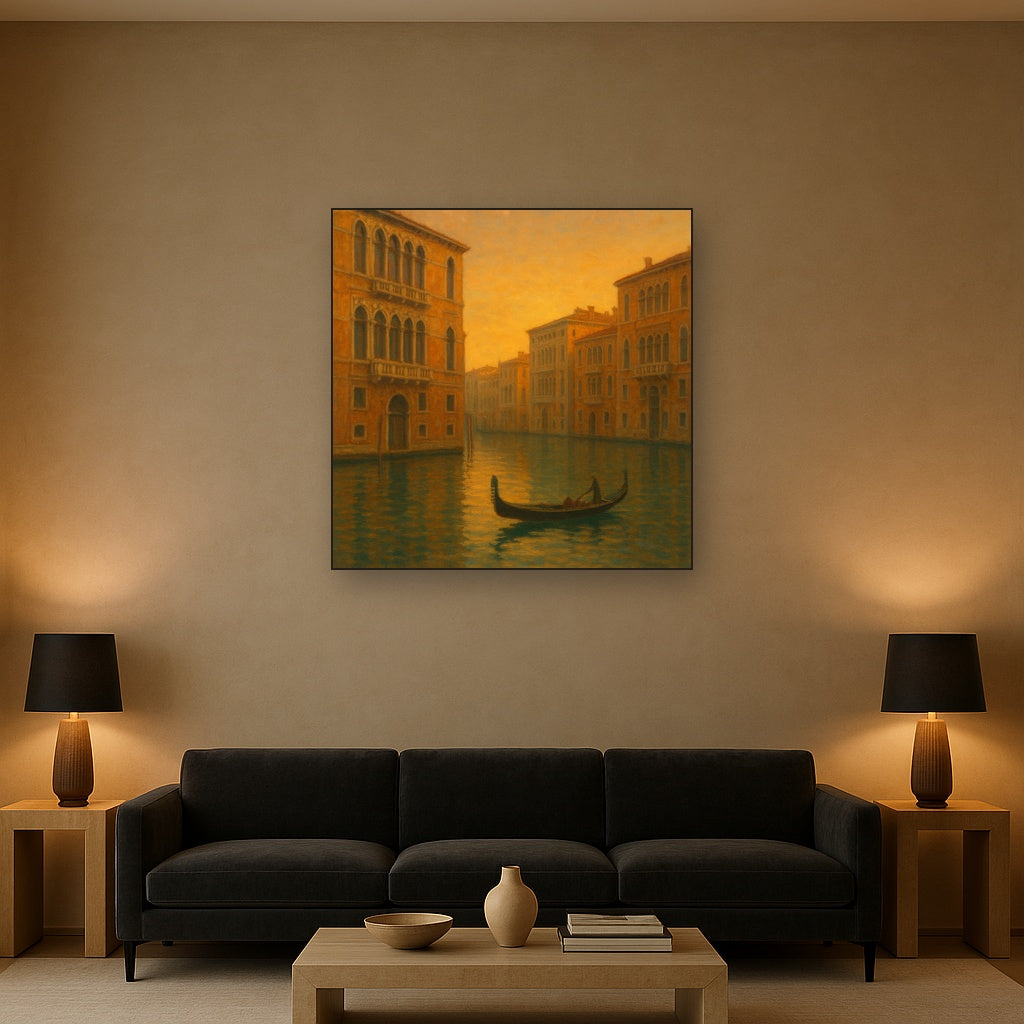 Venetian Canal Palaces at Golden Hour No. 3 Oil Painting Staged Above Sectional Sofa in Living Room, Hand Painted Canvas Wall Art for Home Decor