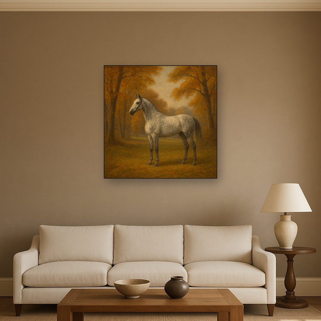 Dappled Grey Hunter in Autumn Woodland No. 11 Oil Painting Staged Above Sectional Sofa in Living Room, Hand Painted Canvas Wall Art for Home Decor