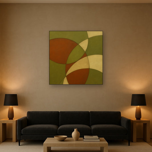 Intersecting Curved Forms in Olive & Rust No. 12 Oil Painting Staged Above Sectional Sofa in Living Room, Hand Painted Canvas Wall Art for Home Decor