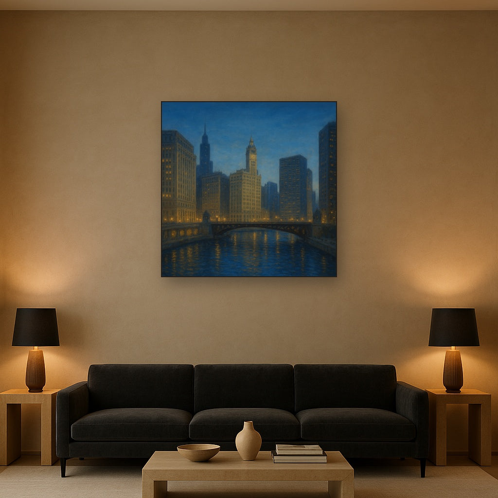 Chicago Riverfront Architecture at Blue Hour No. 25 Oil Painting - View 2