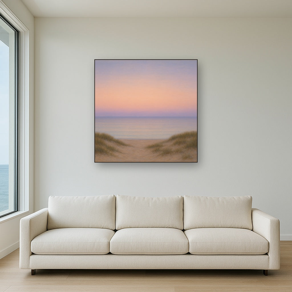 Pastel Dusk Horizon over Calm Atlantic Waters No. 11 Oil Painting Staged Above Sectional Sofa in Living Room, Hand Painted Canvas Wall Art for Home Decor