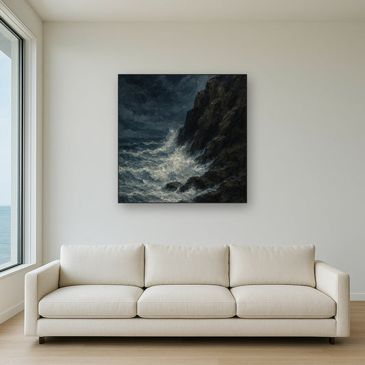 Stormy Cape Lighthouse Seascape Oil Painting - Styled in Modern Living Room