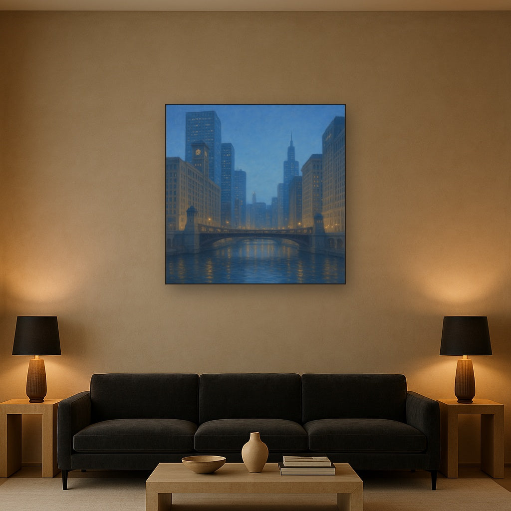 Chicago Riverfront Architecture at Blue Hour No. 10 Oil Painting - View 2