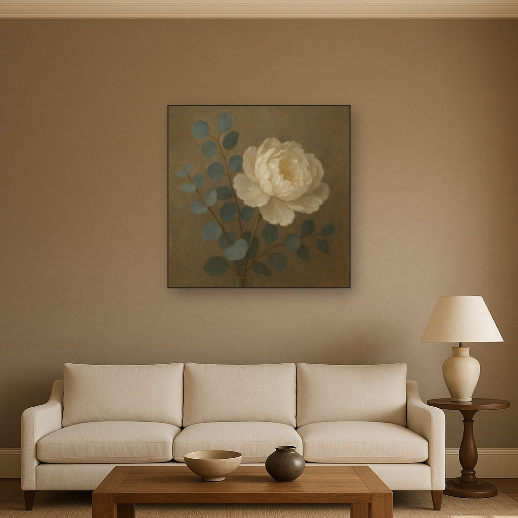 Eucalyptus & White Peony Minimalist Flora Fine Art Oil Painting - View 2