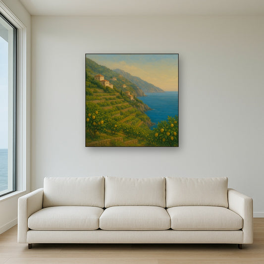 Italian Amalfi Coastline Terraces & Lemon Grove No. 20 Oil Painting Staged Above Sectional Sofa in Living Room, Hand Painted Canvas Wall Art for Home Decor