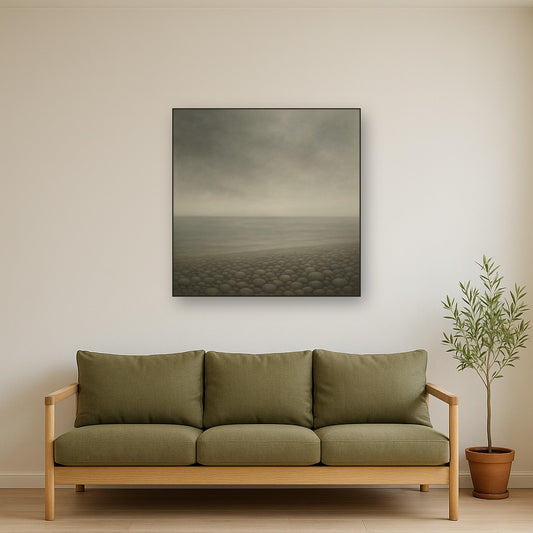 Overcast Coastal Fog & Wet Pebble Shingle No. 7 Oil Painting Staged Above Sectional Sofa in Living Room, Hand Painted Canvas Wall Art for Home Decor
