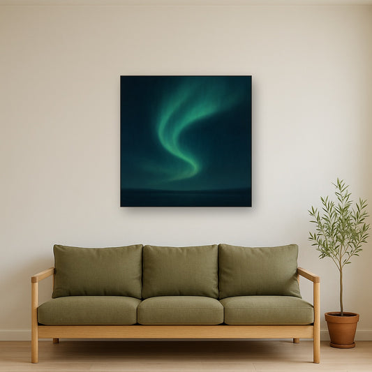Aurora Borealis Veil in Deep Midnight Indigo No. 5 Oil Painting Staged Above Sectional Sofa in Living Room, Hand Painted Canvas Wall Art for Home Decor