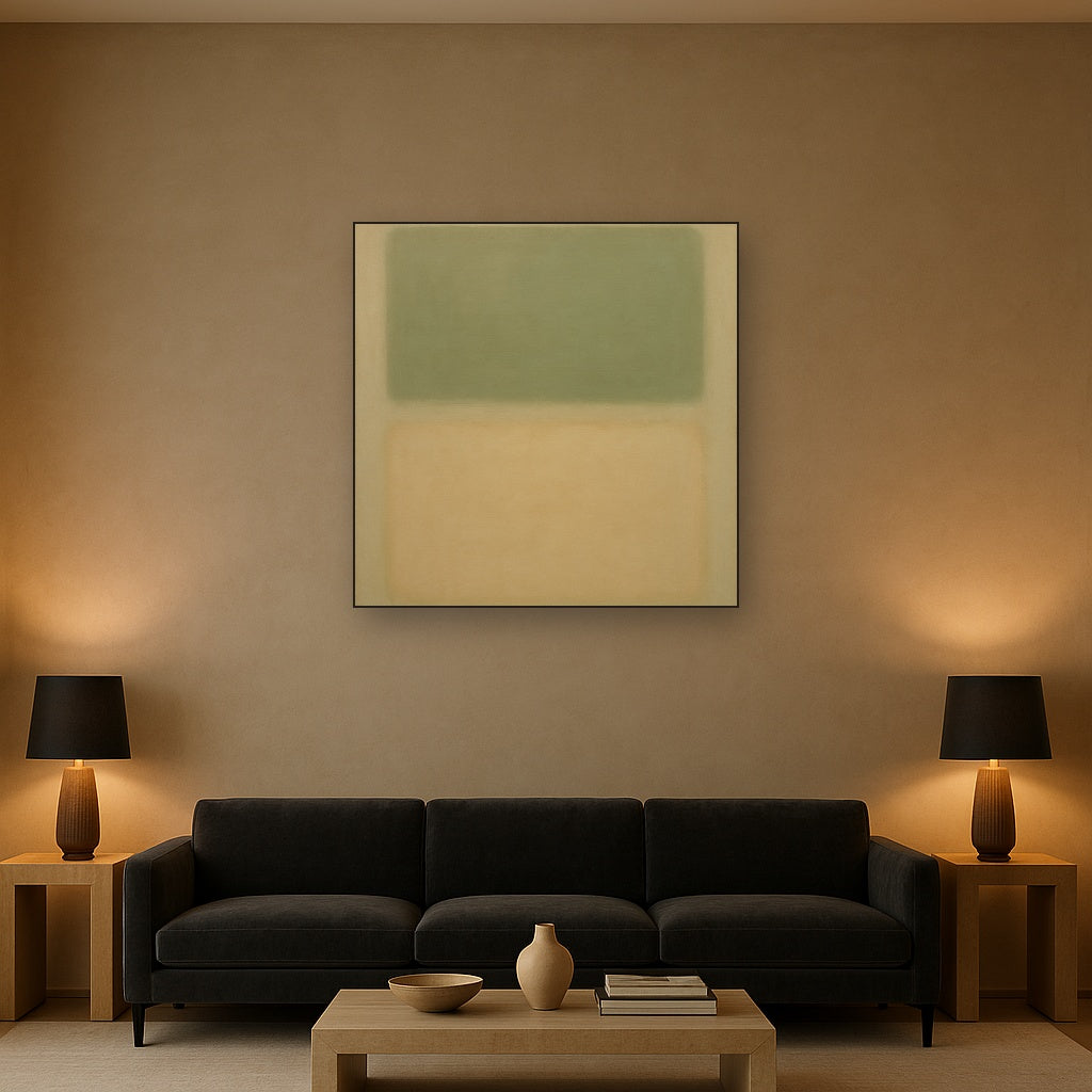 Sage Olive & Pale Sandstone Minimalist Harmony No. 15 Oil Painting Staged Above Sectional Sofa in Living Room, Hand Painted Canvas Wall Art for Home Decor