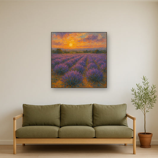 French Lavender Field at Sunset Oil Painting - View 2