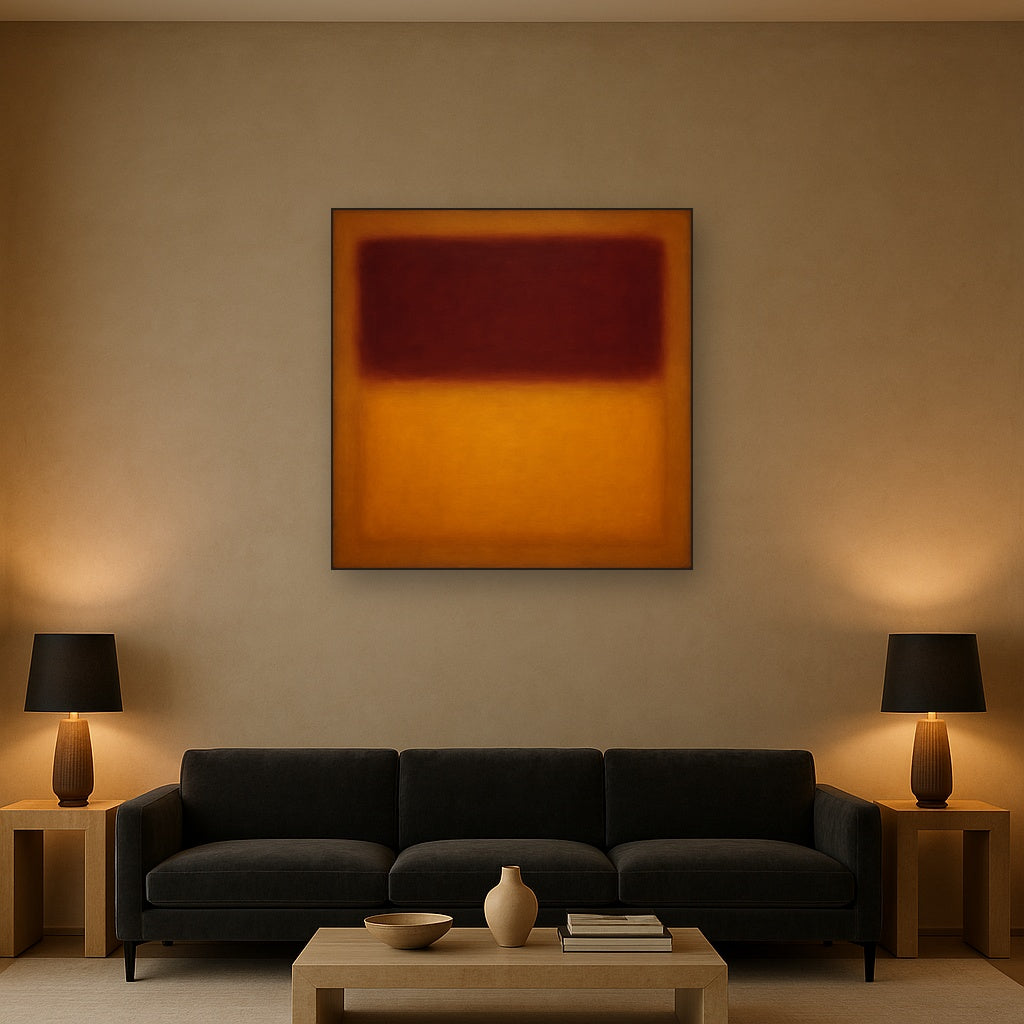 Crimson Burgundy & Saffron Gold Color Vibrations No. 3 Oil Painting Staged Above Sectional Sofa in Living Room, Hand Painted Canvas Wall Art for Home Decor