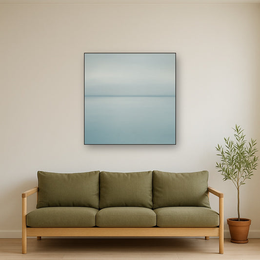 Glass Horizon over Quiet Arctic Waters No. 24 Oil Painting Staged Above Sectional Sofa in Living Room, Hand Painted Canvas Wall Art for Home Decor