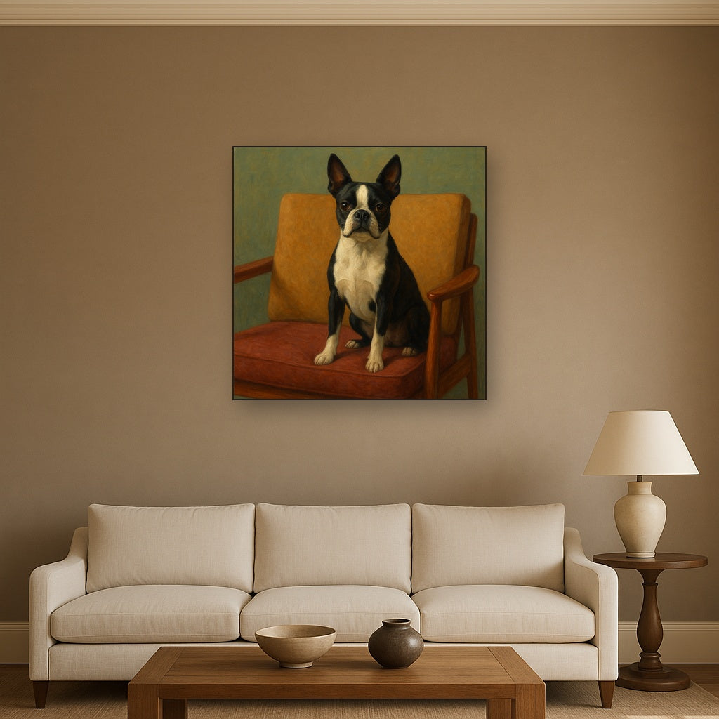 Boston Terrier in Warm Mid-Century Armchair No. 9 Fine Art Oil Painting - View 2