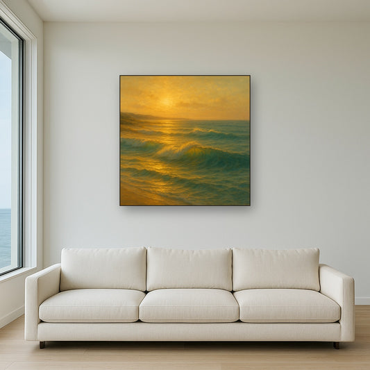 Golden Hour Sunlight on Ocean Swells No. 7 Oil Painting Staged Above Sectional Sofa in Living Room, Hand Painted Canvas Wall Art for Home Decor