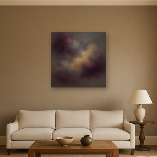 Gilded Plum & Soft Smoke Cloud Harmony Oil Painting Staged Above Sectional Sofa in Living Room, Hand Painted Canvas Wall Art for Home Decor