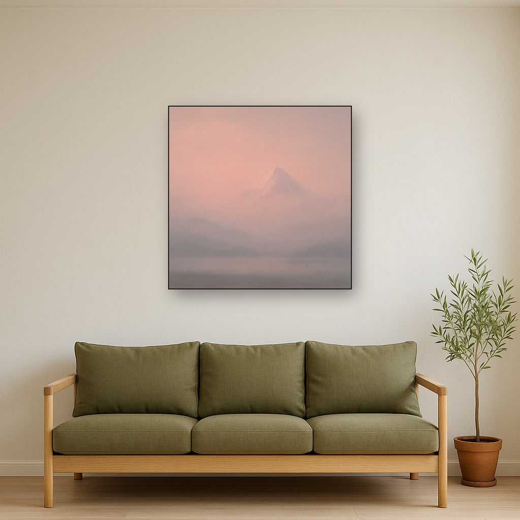 Pale Alpenglow over Distant Glacial Peak No. 23 Oil Painting Staged Above Sectional Sofa in Living Room, Hand Painted Canvas Wall Art for Home Decor