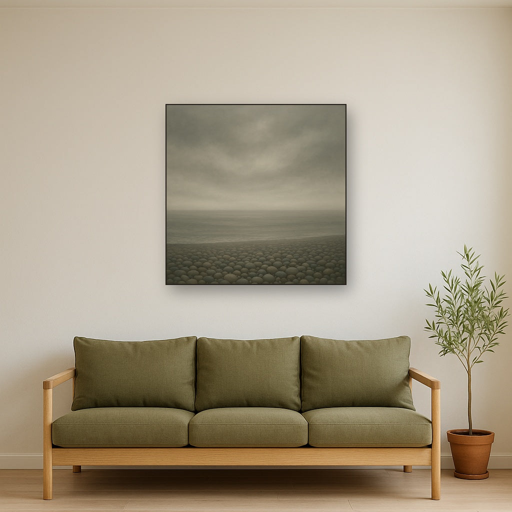 Overcast Coastal Fog & Wet Pebble Shingle No. 14 Oil Painting Staged Above Sectional Sofa in Living Room, Hand Painted Canvas Wall Art for Home Decor