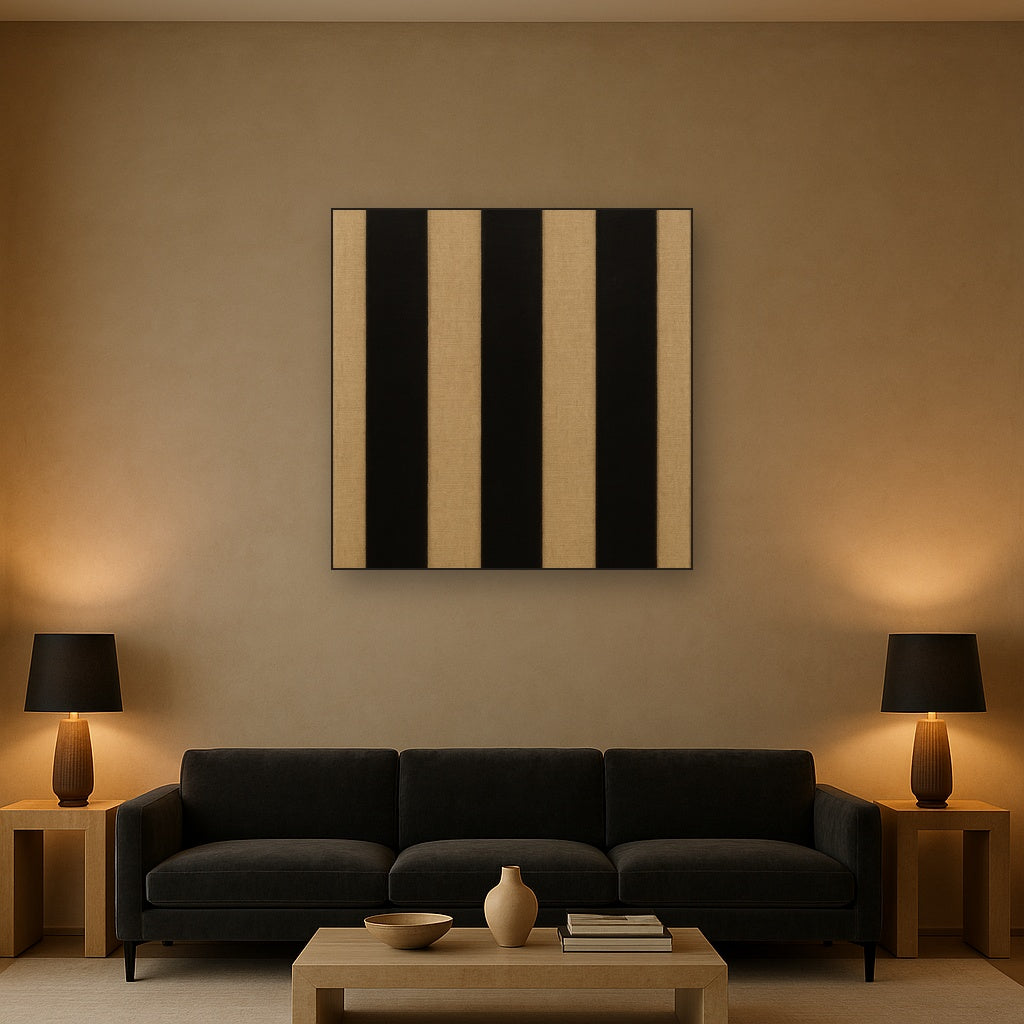 Minimalist Black Stripe & Raw Linen Rhythm No. 3 Fine Art Oil Painting - View 2
