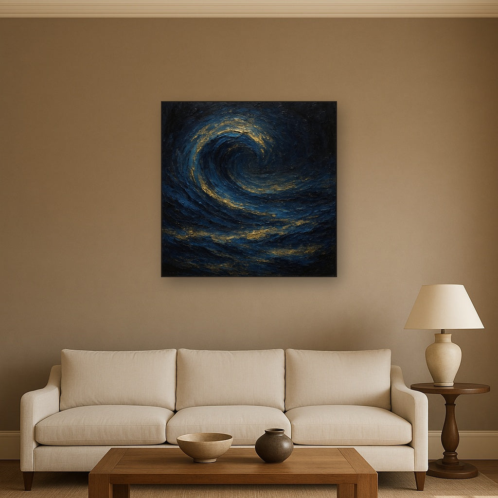 Imperial Sapphire & Midnight Wave No. 4 Oil Painting - Styled in Modern Living Room