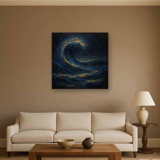 Imperial Sapphire & Midnight Wave No. 4 Oil Painting - Styled in Modern Living Room