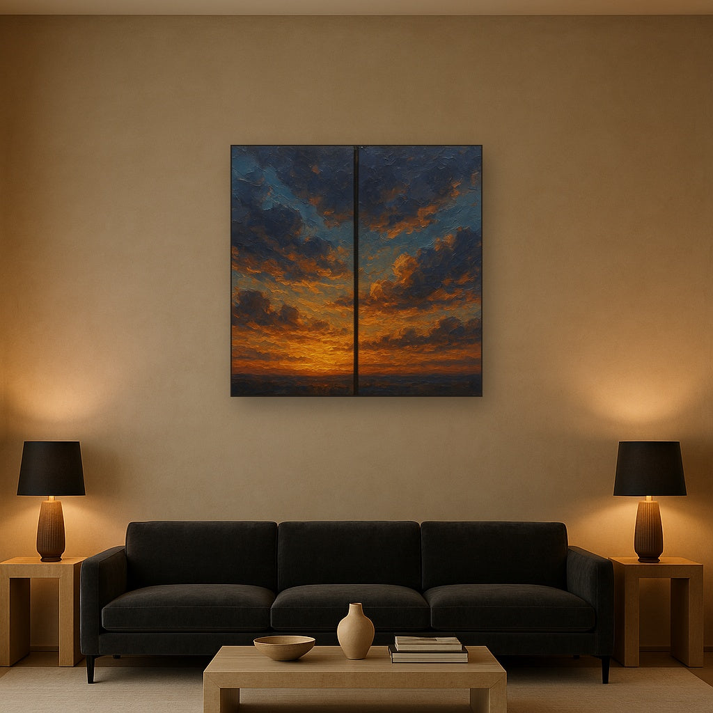 Luminescent Twilight Cloud Diptych Oil Painting - Styled in Modern Living Room