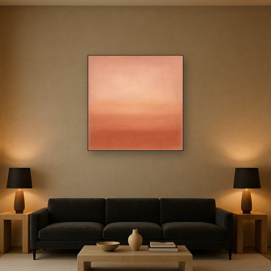 Blush Rose & Dusky Terracotta Ambient Glow No. 19 Oil Painting Staged Above Sectional Sofa in Living Room, Hand Painted Canvas Wall Art for Home Decor