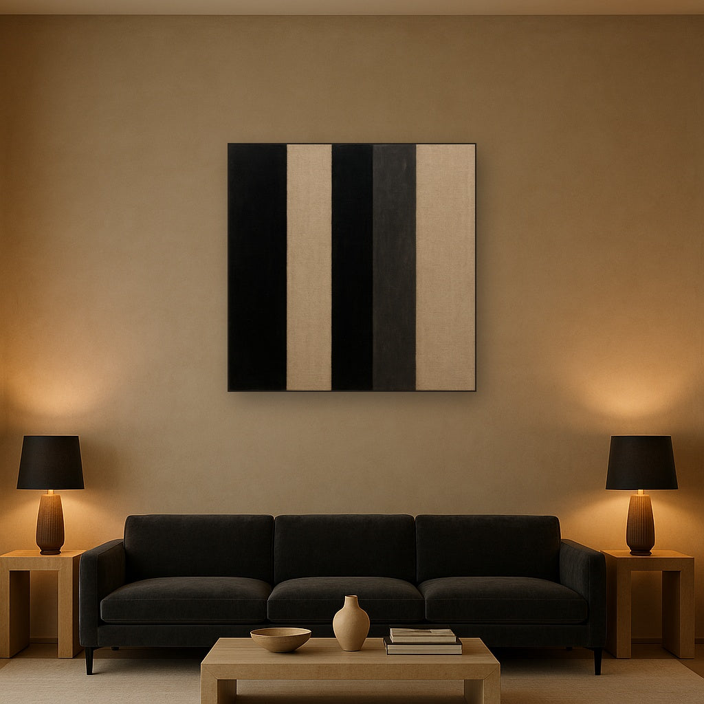 Minimalist Black Stripe & Raw Linen Rhythm No. 15 Fine Art Oil Painting - View 2