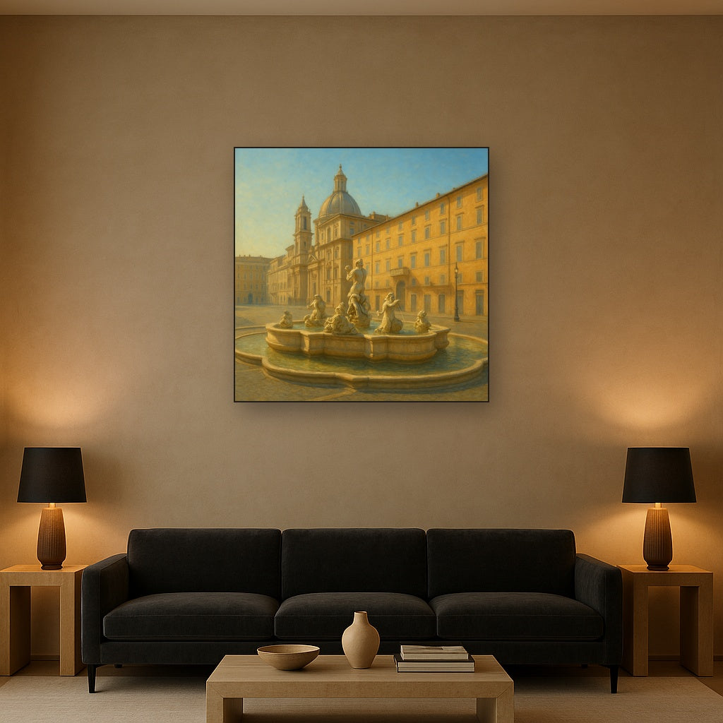 Rome Piazza Fountain in Morning Sunlight No. 29 Oil Painting Staged Above Sectional Sofa in Living Room, Hand Painted Canvas Wall Art for Home Decor