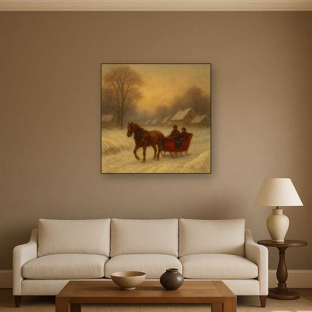 Horse-Drawn Sleigh on Village Snow Road No. 7 Oil Painting - View 2