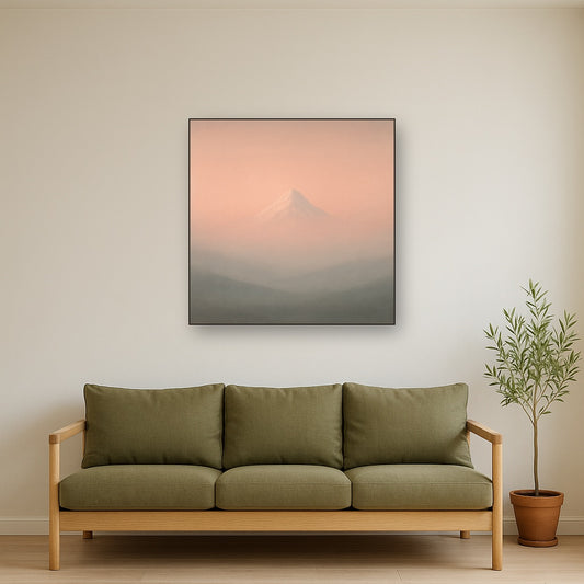 Pale Alpenglow over Distant Glacial Peak No. 11 Oil Painting Staged Above Sectional Sofa in Living Room, Hand Painted Canvas Wall Art for Home Decor